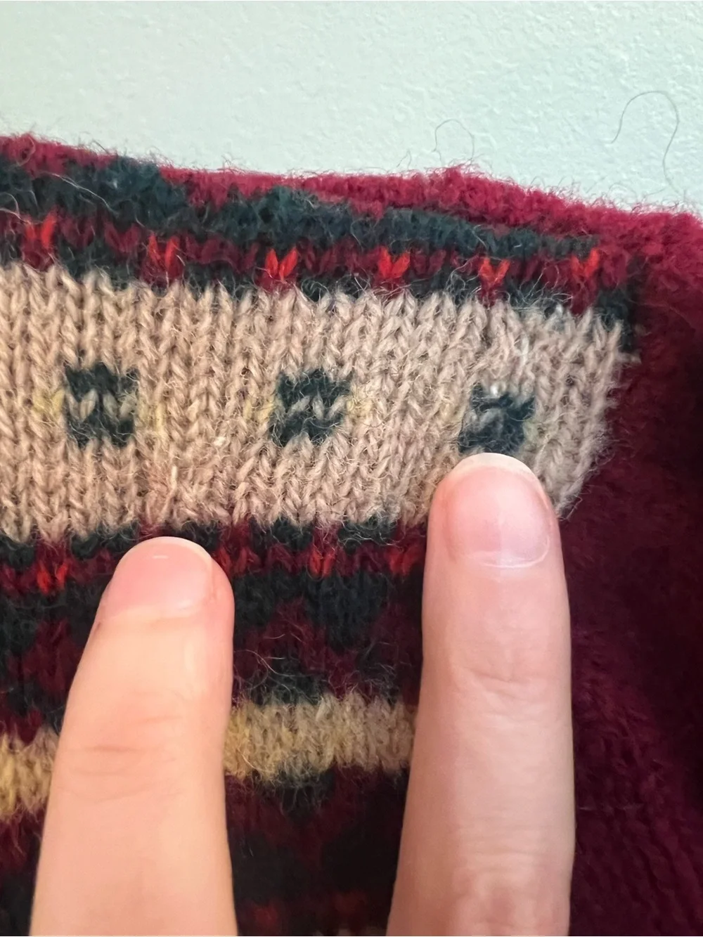 Vintage 1970s 1980s Shetland Wool Burgundy Fair Isle Sweater with Puff Sleeves